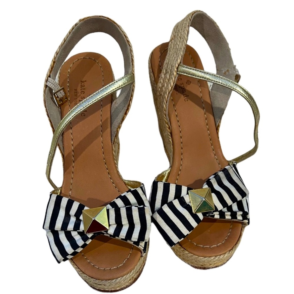 Kate Spade New York Espadrilles wedges Size 7 black & white striped Gold Spain